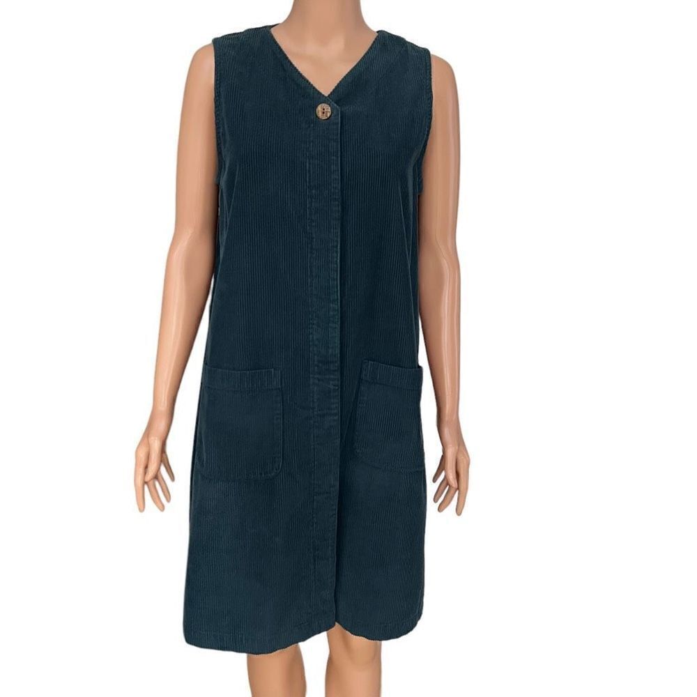 Ojai dark teal corduroy cotton sleeveless button down dress with pockets size M